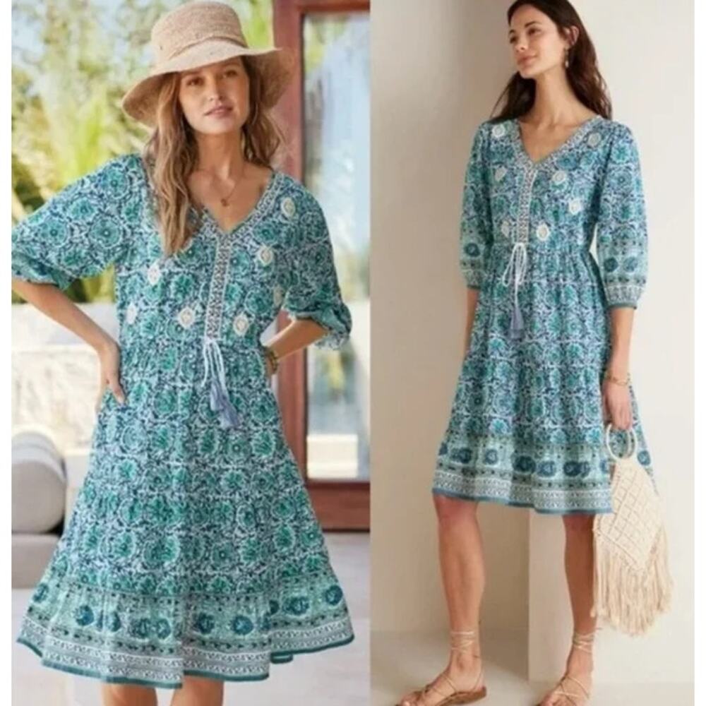 Soft Surroundings Nerissa Mini Dress Floral Midi Printed 3/4 Sleeve Fit & Flare